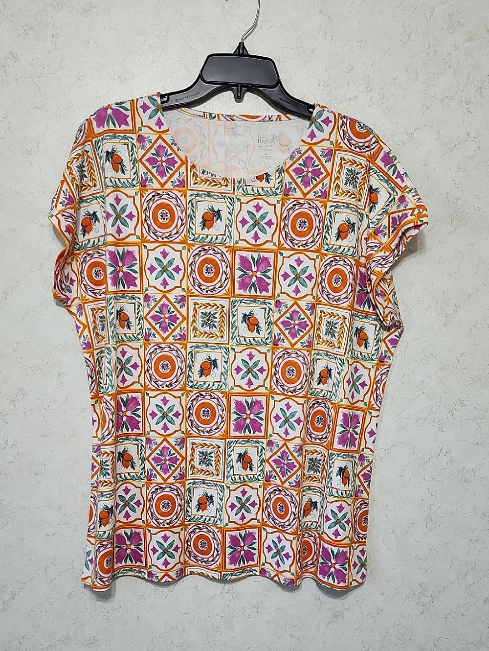 Floral Citrus Mosaic Tile Printed Short Sleeve Tee Shirt Fruit Summer Colorful